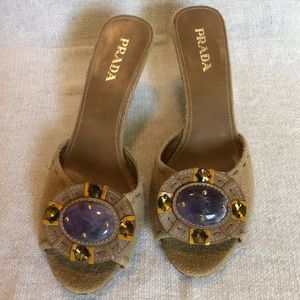 Prada jeweled wedge slide sandals 8/38